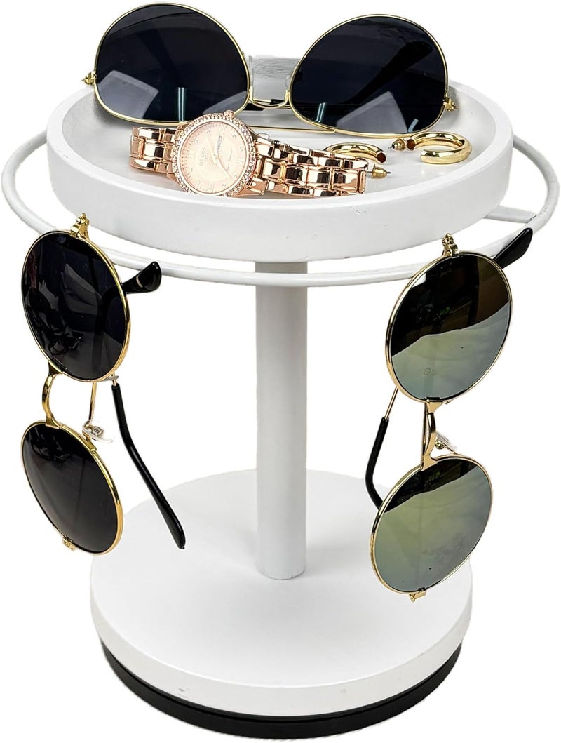 LingLingo Sunglasses Organizer 360° Rotating Eyeglass Holder Stand with Wood Tray and Base, Eye Glass Display Rack for Multiple Sunglass Storage for Table Dresser Nightstand Desk (White) - Image 1